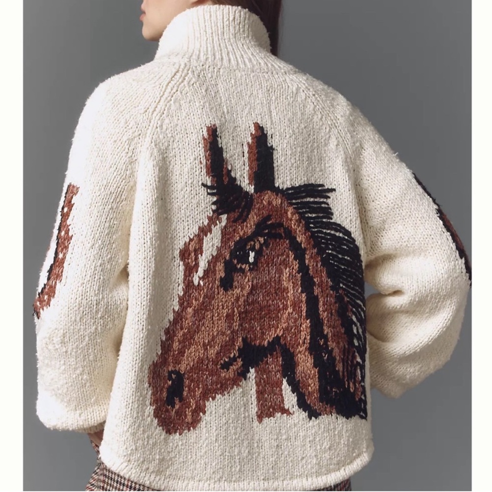 Pilcro Cream and Brown Horse Sweater Cardigan